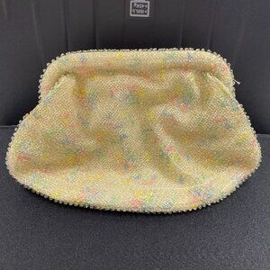 EUC Vintage 1950's Corde-Bead Clutch, Beads over Ivory w/Pastel Fabric, 9.5" L
